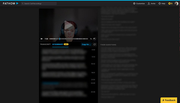 Screen capture of the Fathom.video interface, showing transcribed text that is blurred out to protect prviacy.