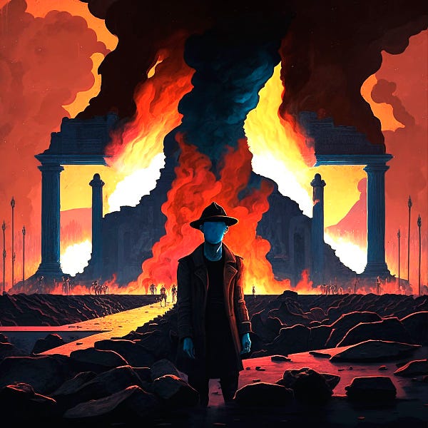 a blue faceless man standing in front of burning rome.
