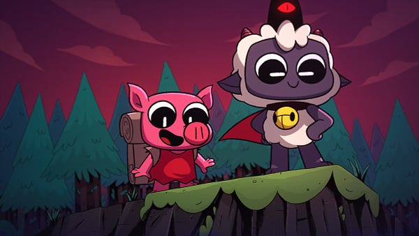 Screenshot from Cult of the Lamb animated trailer depicting the Lamb smiling looking over the edge of a cliff with a new pig Follower behind them and excited to see what the Lamb is looking at.