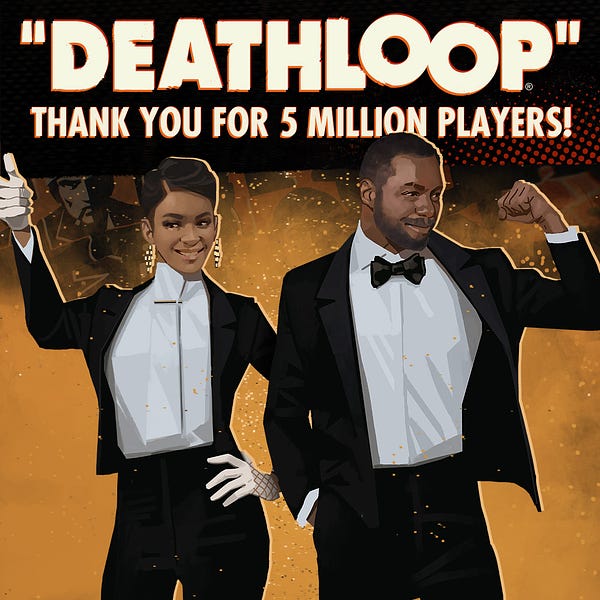 “DEATHLOOP” Thank you for 5 Million Players is written at the top of the image. A drawing of Colt and Julianna dressed in tuxedos with celebratory poses is below the text. 