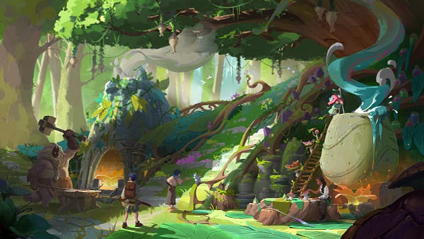 A digital illustration of a welcoming and bustling forest. A mushroom-capped character stirs a cauldron as another snacks at a nearby table. Moss and flowers cover the central stone steps, where someone reaches their hand out to a dog for scritches.

A blacksmith with an impressive beard and fluffy tail forges a weapon as one last character watches them work.