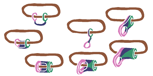 A 7 step diagram of topologically squishing and stretching one figure into another. Figure 1 shows a brown ring, onto which a small structure is attached, composed of a pink ring, a green ring, and a blue cord. The brown ring passes through each of the other two rings, and they are joined to each other by the blue cord. In a series of steps, the blue cord expands to almost completely form a cylindrical tube between the pink and green rings, with just a hole in one side. Then the hole twists sideways to form a dangling hoop. Finally the cylindrical tube collapses down to just a ring, off of which the other ring dangles. The colours move along with the pieces, revealing that both the pink and green rings are still around the brown ring, it's just that the pink ring is so distorted that it stretches around both of the loops of the small structure.