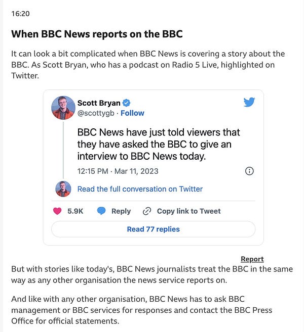 When BBC News reports on the BBC
It can look a bit complicated when BBC News is covering a story about the BBC. As Scott Bryan, who has a podcast on Radio 5 Live, highlighted on Twitter.

Social embed from twitter

ReportReport this social embed, make a complaint
But with stories like today's, BBC News journalists treat the BBC in the same way as any other organisation the news service reports on.

And like with any other organisation, BBC News has to ask BBC management or BBC services for responses and contact the BBC Press Office for official statements.