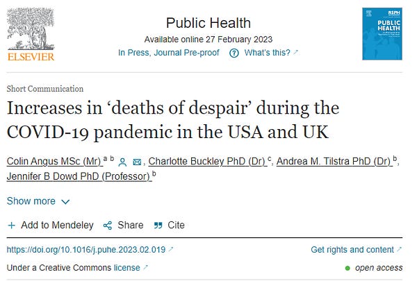 A screenshot of the title page of our new paper: Increases in 'deaths of despair' during the COVID-19 pandemic in the USA and UK which has just been published in the journal Public Health.