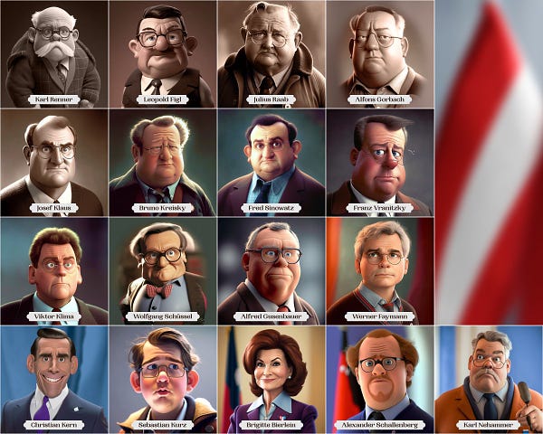 All chancellors of Austria, generated as Pixar characters by the AI image generation tool Midjourney