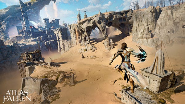 A character of Atlas Fallen standing above a vast area covered in sand. The logo "Atlas Fallen" is displayed on the bottom-left part of the image.