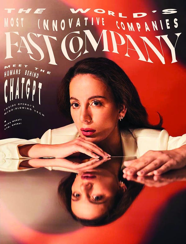 Woman with dark hair and white top looking into camera with a red and black backdrop on a magazine cover. Title reads Fast Company, The World's Most Innovative Companies.