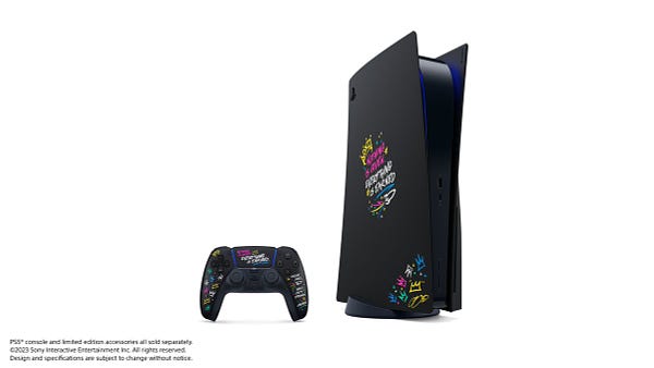 Image of the LeBron James limited edition PlayStation 5 console covers and DualSense wireless controller, with controller and console side by side.