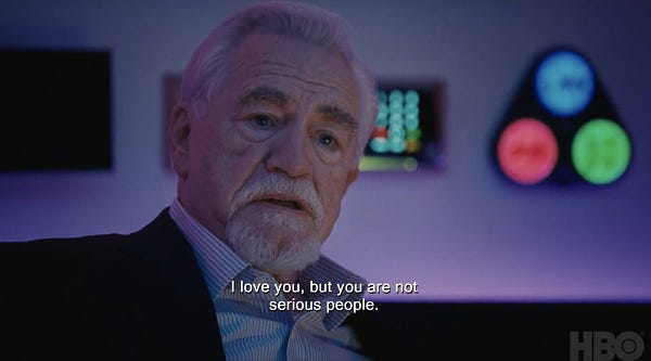 A screenshot from the trailer for season 4 of HBO's Succession. Logan Roy (Brian Cox): "I love you, but you are not serious people."