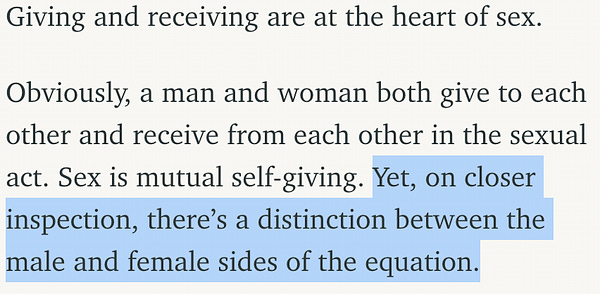 Highlighted portion of article, referring to sex roles: "Yet, on closer inspection, there's a distinction between the male and female sides of the equation."