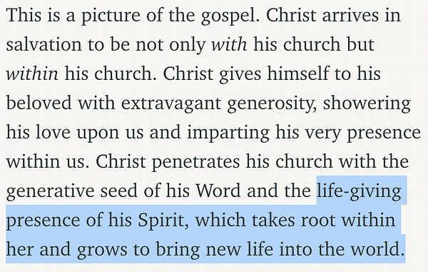 Highlighted portion of article, talking about Christ (he) and the church (she): "life-giving presence of his Spirit, which takes root within her and grows to bring new life into the world." 