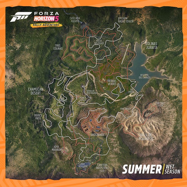 Map of Sierra Nueva, the new Forza Horizon 5 Expansion, featuring topological and road data. 