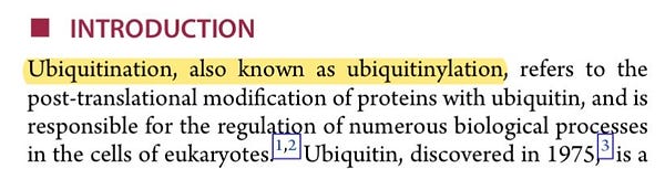 Paper’s opening line, which reads: “Ubiquitination, also known as ubiquitinylation…”