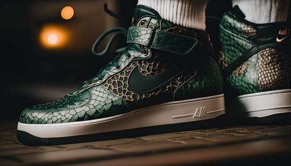 Street style photo, side-angle Closeup shot, Nike Air Force 1 Slytherin collab, high-tops, nike swoosh, Unique Colorway, snake skin materials, hogwarts, natural lighting, unique, 4k --ar 16:9