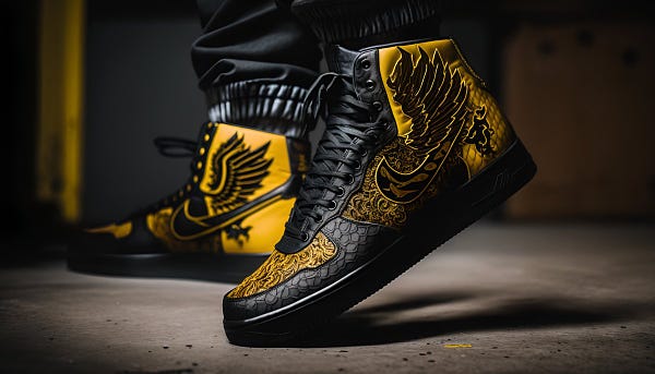 Street style photo, side-angle Closeup shot, Nike Air Force 1 hufflepuff collab, high-tops, nike swoosh, Unique Colorway, dragon hide materials, hogwarts, natural lighting, unique, 4k --ar 16:9