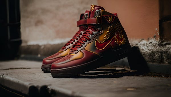 Street style photo, side-angle Closeup shot, Nike Air Force 1 gryffindor collab, high-tops, nike swoosh, Unique Colorway, dragon hide materials, hogwarts, natural lighting, unique, 4k --ar 16:9