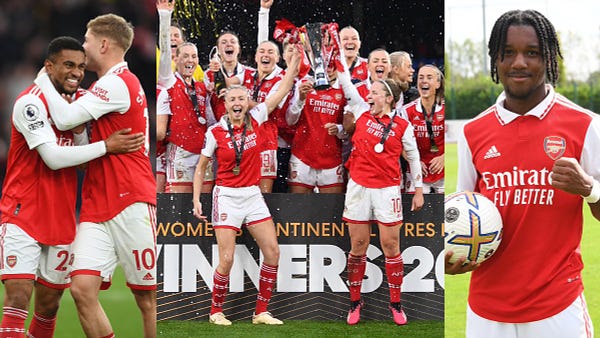 A split image showing Reiss Nelson and Emile Smith Rowe celebrating the 3-2 win over Bournemouth, Arsenal Women lifting the Continental Tyres League Cup trophy after beating Chelsea 3-1 and Omari Benjamin - who scored a hat-trick in Arsenal Under-18s' 4-1 victory against West Brom - posing with a matchball
