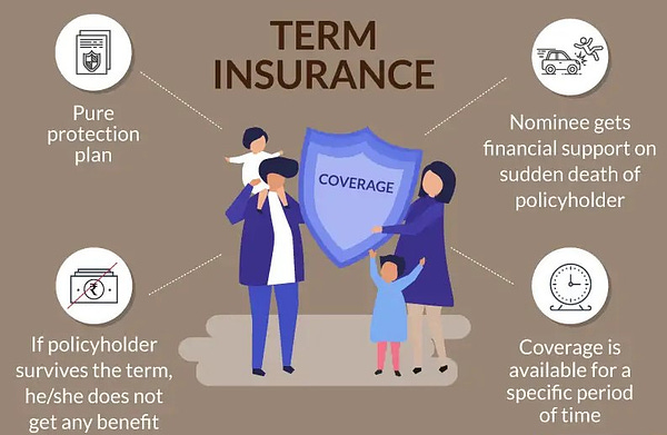 🔸Term Insurance

- Pure Protection Plan

- Coverage is available for a Specific Period of Time

- Nominee gets Financial Support on Sudden Death of Policyholder

- If Policyholder Survives, he/she Does Not get any Benefit 

Image Source - Policy Bazar
