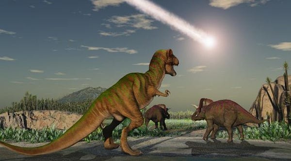 Dinosaurier starren auf den sich vernichtenden Meteor