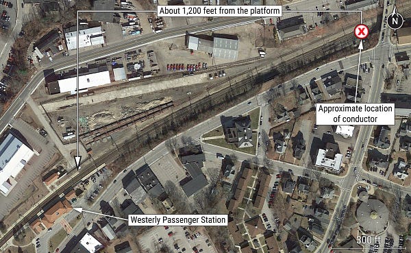 Aerial view of accident area near the Westerly Passenger Station. (Google Earth image.)