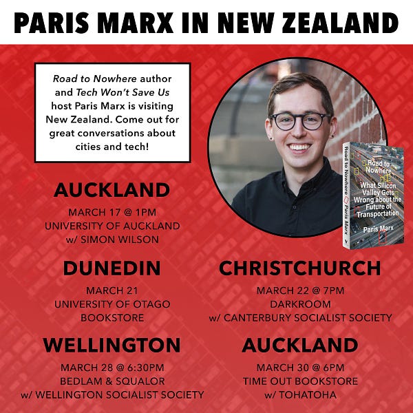 Graphic listing event dates for Paris in New Zealand. Auckland in March 17, Dunedin on March 21, Christchurch on March 22, Wellington on March 28, and back in Auckland on March 30.
