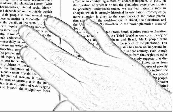 A scanned double-page of a book with the hand of the scanner accidentally captured