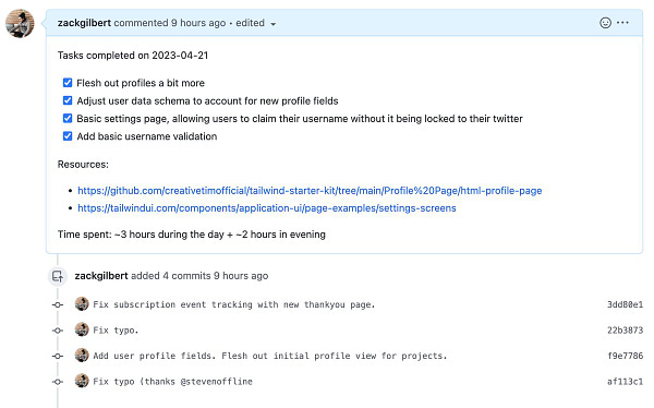 Screenshot of Github pull request:

Tasks completed on 2023-04-21
[x] Flesh out profiles a bit more
[x] Adjust user data schema to account for new profile fields
[x] Basic settings page, allowing users to claim their username without it being locked to their twitter
[x] Add basic username validation

Resources:
- https://github.com/creativetimofficial/tailwind-starter-kit/tree/main/Profile%20Page/html-profile-page
- https://tailwindui.com/components/application-ui/page-examples/settings-screens

Time spent: ~3 hours during the day + ~2 hours in evening