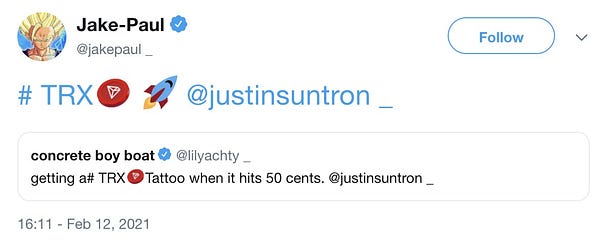 Tweet by Jake Paul, retweeting Lil Yachty's tweet with an added #TRX [rocket emoji]