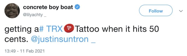 Tweet by Lil Yachty on February 11, 2021: "getting a #TRX Tattoo when it hits 50 cents. @justinsuntron_""