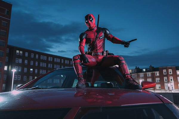 Deadpool wide angle pose on top of a car outside an apartment complex in the uk, canon, vlogger, --v 5 --q 2 --ar 3:2 