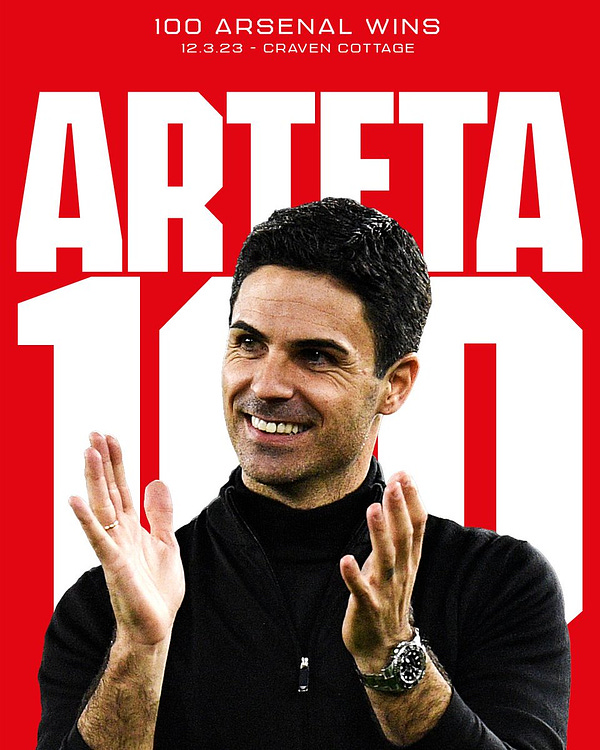 A graphic celebrating 100 wins under Mikel Arteta following today's result at Fulham.