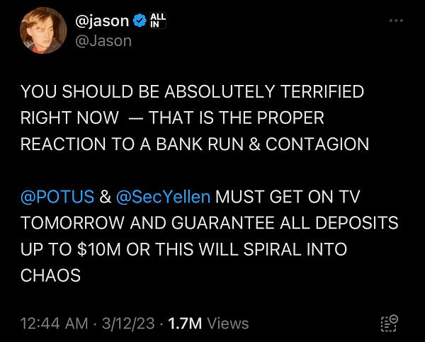 YOU SHOULD BE ABSOLUTELY TERRIFIED RIGHT NOW  — THAT IS THE PROPER REACTION TO A BANK RUN & CONTAGION 

@POTUS & @SecYellen MUST GET ON TV TOMORROW AND GUARANTEE ALL DEPOSITS UP TO $10M OR THIS WILL SPIRAL INTO CHAOS