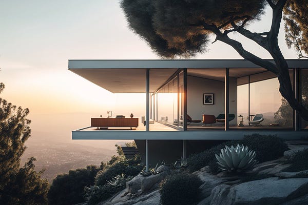 editorial photo from Dwell, Midcentury modern house, on a cliff overlooking Los Angeles, morning sun, brilliant architecture, beautiful, exclusive, expensive, minimal lines, breathtaking, 8K, architecture photography --ar 3:2