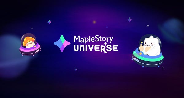 Little spaceships with Yeti and Orange Mushroom hovering around the logo 'MapleStory Universe'