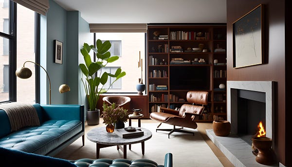 Editorial Style Photo, Eye Level, Modern, Living Room, Fireplace, Leather and Wood, Built-in Shelves, Neutral with pops of blue, West Elm, Natural Light, New York City, Afternoon, Cozy, Art Deco:: Additive::0 --ar 16:9
