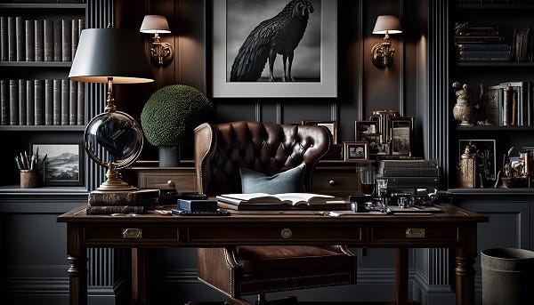 Editorial Style photo, Eye Level, Traditional, Library/Study, Bookshelves, Wood, Leather, Desk Decor, Artwork, Dark Tones, Pottery Barn, Table Lamp, London Townhouse, Morning, Sophisticated --ar 16:9 