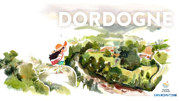 Couverture du jeu vidéo "Dordogne" par Umanimation et Un Je Ne Sais Quoi. Mimi, le personnage principal, une enfant, regarde la vallée de la Dordogne depuis une hauteur.