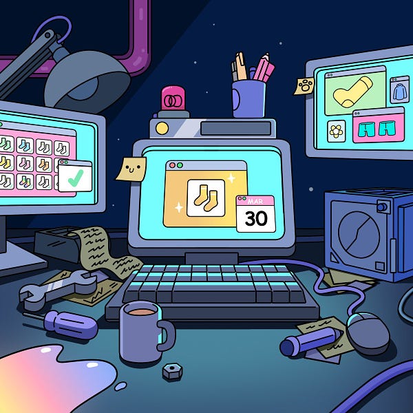 An illustration of a desk, with three computer screens showing. On one screen is the full collection of all 12 socks in the OG Doodles collection. On another screen are gold socks, and a calendar that reads March 30. And on the last screen are images of other Doodles Wearables and the gold socks. A Genesis Box is off to the side, and hot dog tea has spilled on the desk in front.