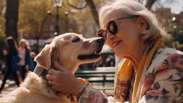 medium-full shot of an elderly french woman with deep wrinkles and a warm smile, petting a golden retriever in washington square park, wearing a bright pastel floral blazer made of linen, natural afternoon light reflecting off her eyeglasses, shot on Agfa Vista 200, side-angle view, 4k --ar 16:9 --stylize 1000 --v 5
