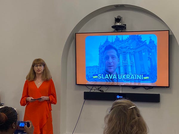 Olga Tokariuk speaks at the end-of-term event at the Reuters Institute
