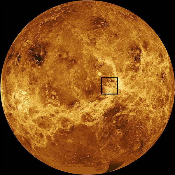 A computer-generated 3D image shows the entirety of Venus in a bright yellow color. There are patches of darker yellows that illustrate differences in the surface. The large circular planet has a black square to the middle-right section marking where volcanic activity was spotted in archival radar images from NASA's Magellan mission.