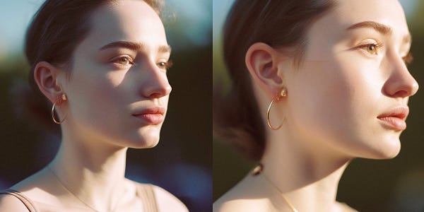 hyper realistic portrait photography of beautiful happy girl, pale skin, golden earrings, summer golden hour, kodak portra 800, 105 mm f1. 8; image split into 2, different angles of the girl --ar 2:1 --v 5