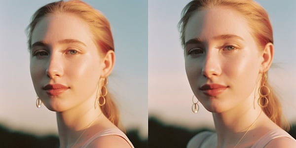 hyper realistic portrait photography of beautiful happy girl, pale skin, golden earrings, summer golden hour, kodak portra 800, 105 mm f1. 8; image split into 2, different angles of the girl --ar 2:1 --v 5