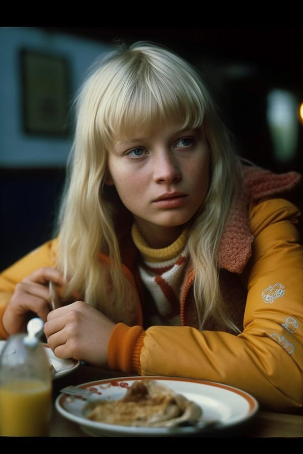 quirky blonde teen girl in a 70’s mountain top diner. A slice of hot pie 🥧 with cream and a coffee on the table she is sat at. During a break from skiing. Wearing a brown and orange floral ski jacket. Reportage shot. Canon with Kodak film. Telephoto --ar 4:6 --v 5 --chaos 100 --v 5

https://www.midjourney.com/app/users/19cd5ca0-2ddd-4465-9af9-367a4425b987/