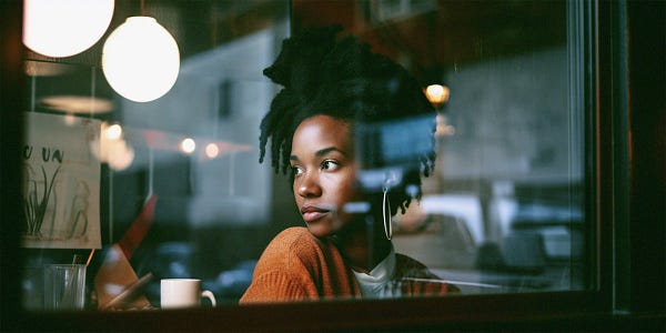 photography shot trough an outdoor window of a coffee shop with neon sign lighting, window glares and reflections, depth of field, an african woman sitting at a table, portrait, kodak portra 800, 105 mm f1. 8 --ar 2:1 --v 5