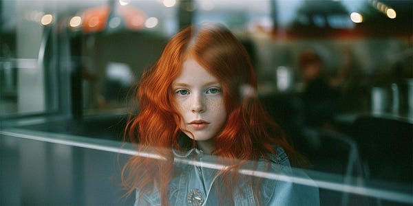 photography shot trough an outdoor window of a coffee shop with neon sign lighting, window glares and reflections, depth of field, little girl with red hair sitting at a table, portrait, kodak portra 800, 105 mm f1. 8 --ar 2:1 --v 5