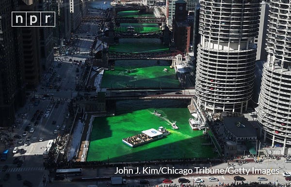The dyeing of the Chicago River in Chicago, 2022. 
John J. Kim/Chicago Tribune/Tribune News Service via Getty Images