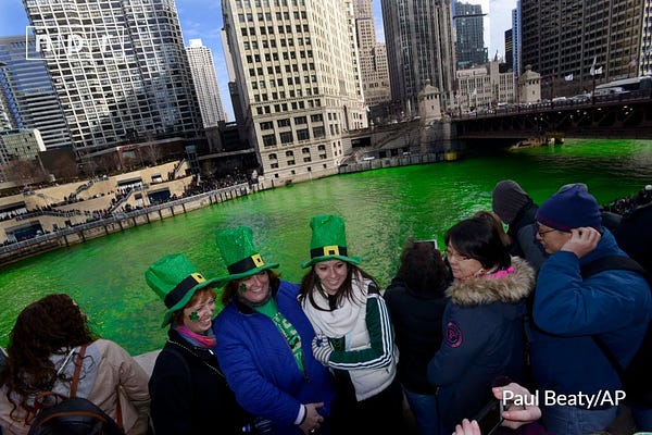 The Chicago River is dyed green ahead of the St. Patrick's Day parade on March 15, 2014.
Paul Beaty/AP