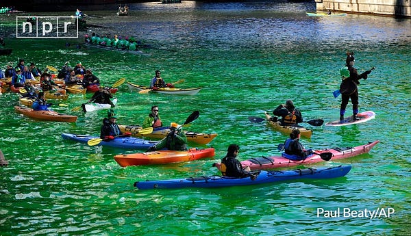 Kayakers float on the Chicago River after it was dyed green ahead of the St. Patrick's Day parade on March 15, 2014.
Paul Beaty/AP