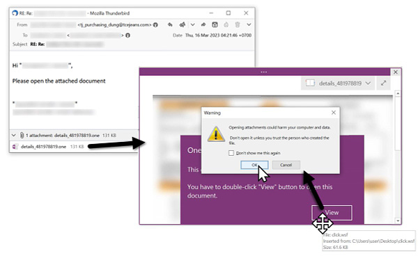 Screenshot showing the OneNote attachment filename and the warning upon attempting to open it